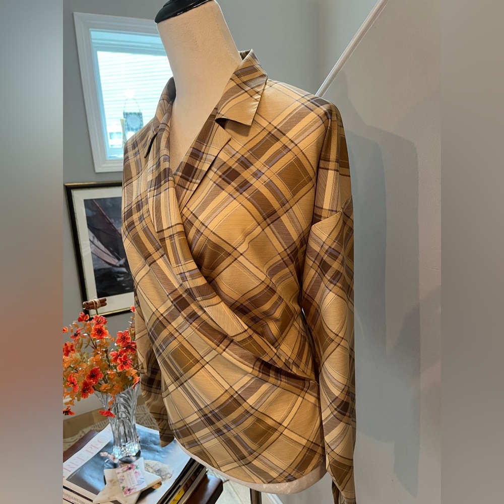LAUREN RALPH LAUREN Plaid Wrap “RAITANA” Surplice Blouse w Long Sleeves